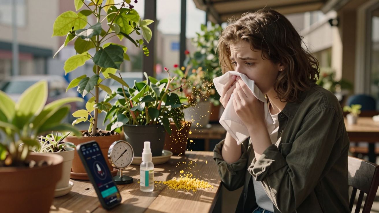Mulher espirra ao pé de plantas numa mesa de café ao ar livre, com smartphone e spray nasal ao lado.