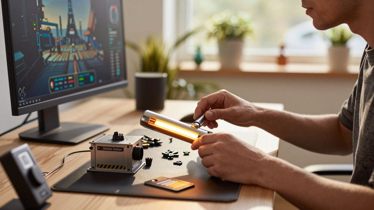 Homem mexe em dispositivo tecnológico em secretária, com monitor de jogo e plantas ao fundo.