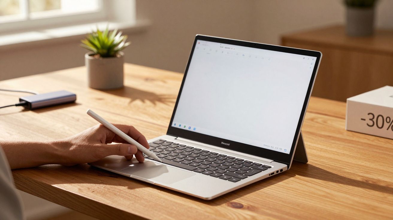 Pessoa usando um portátil com um estilete na mesa de madeira, com planta ao fundo.