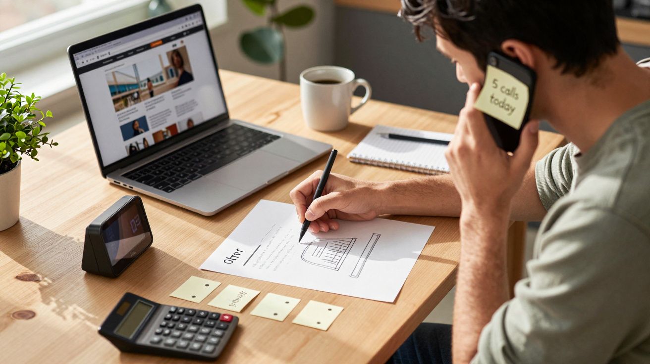 Homem ao telefone, escrevendo em papel, com laptop, chávena e calculadora sobre a mesa.