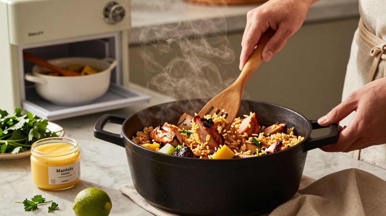 Pessoa cozinha arroz colorido com vegetais numa panela de ferro preta.