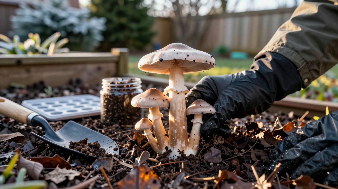 Mãos com luvas colhem cogumelos grandes num jardim com ferramentas de jardinagem ao fundo.