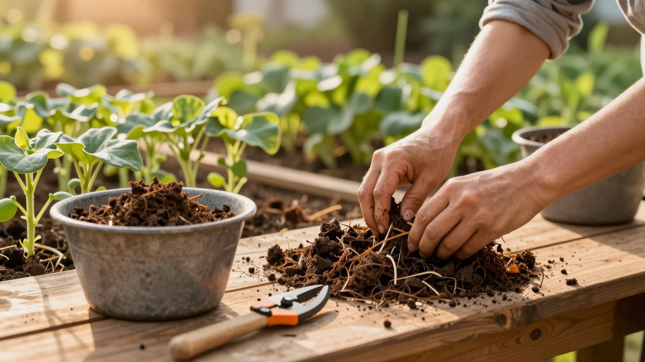 Pessoa a plantar sementes em pequeno vaso, rodeada de vasos e utensílios de jardinagem numa mesa de madeira.