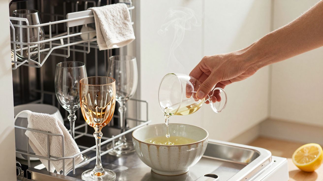 Máquina de lavar louça aberta com copos, pano e mão a verter água com vapor numa tigela.