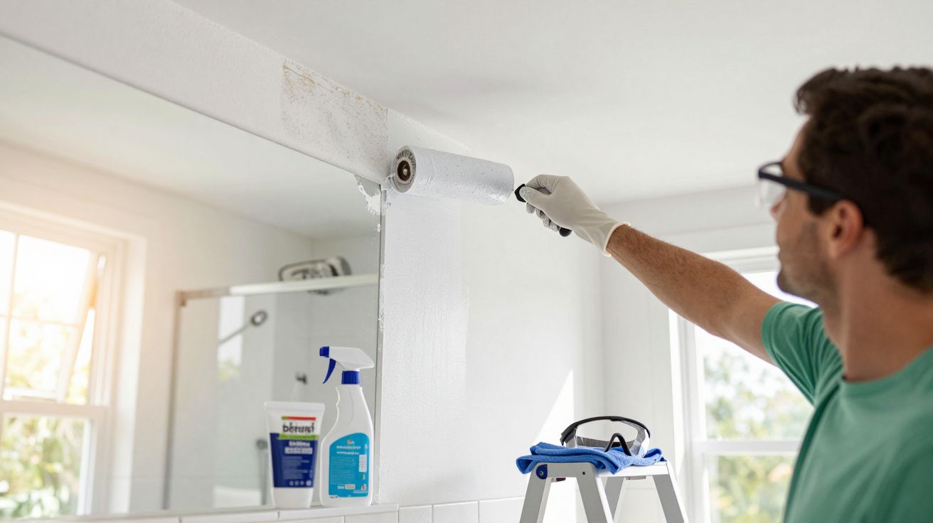 Homem a pintar parede de branco com rolo, ao lado de uma escada e produtos de limpeza, numa casa de banho iluminada.