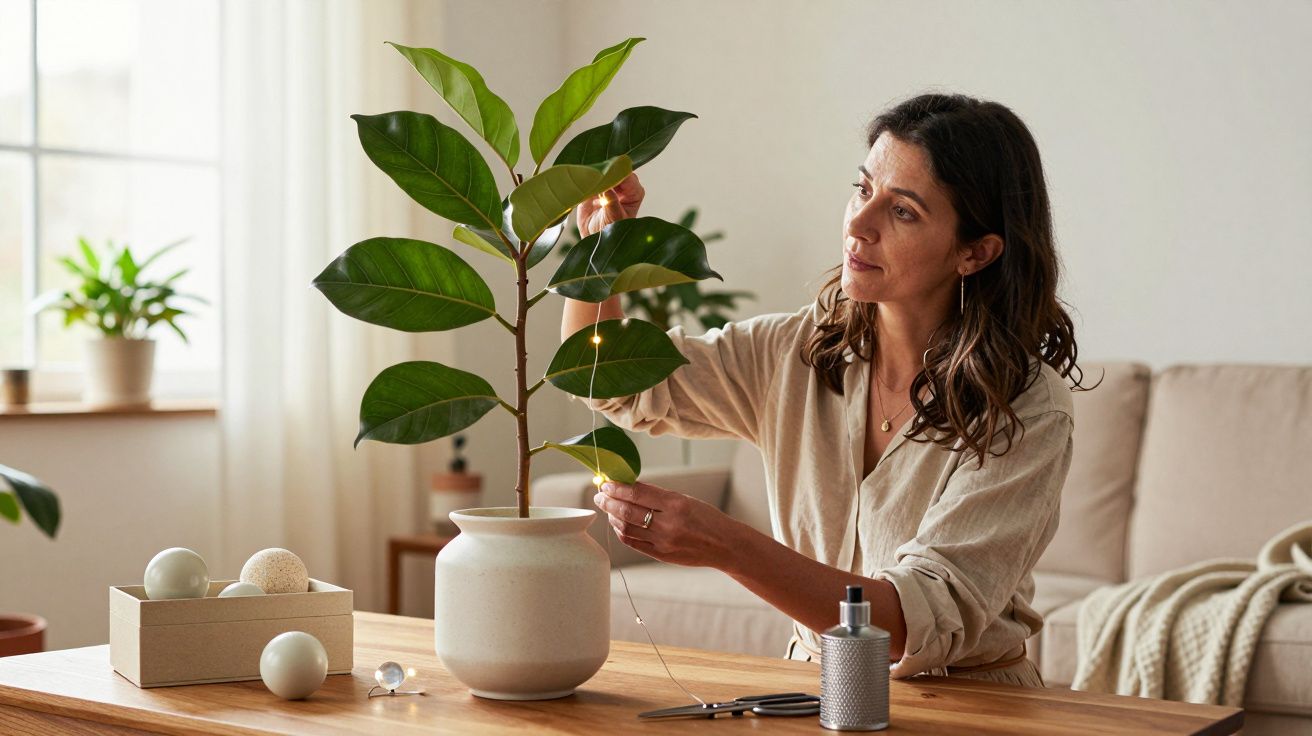Mulher cuidando de planta num vaso sobre uma mesa de madeira, num ambiente acolhedor com luz natural.
