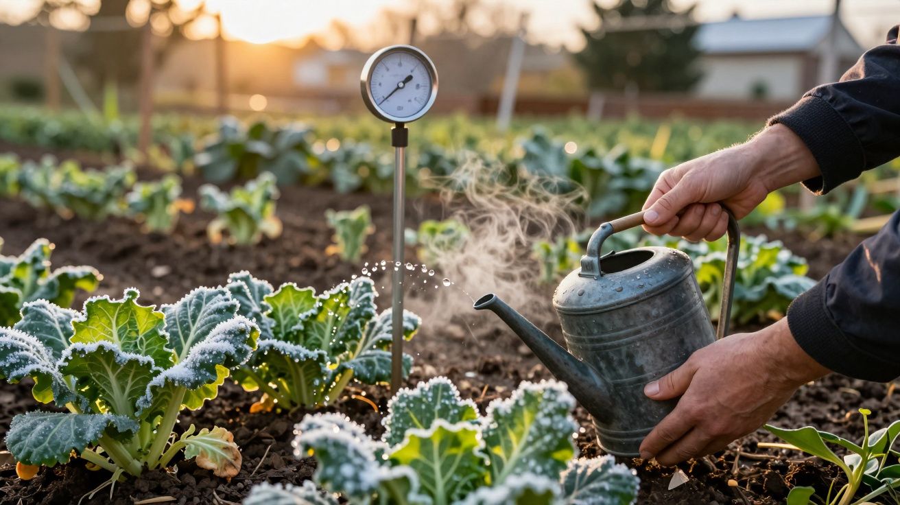Cultivador a regar plantas com regador num jardim, ao lado de termómetro de jardinagem, no pôr do sol.