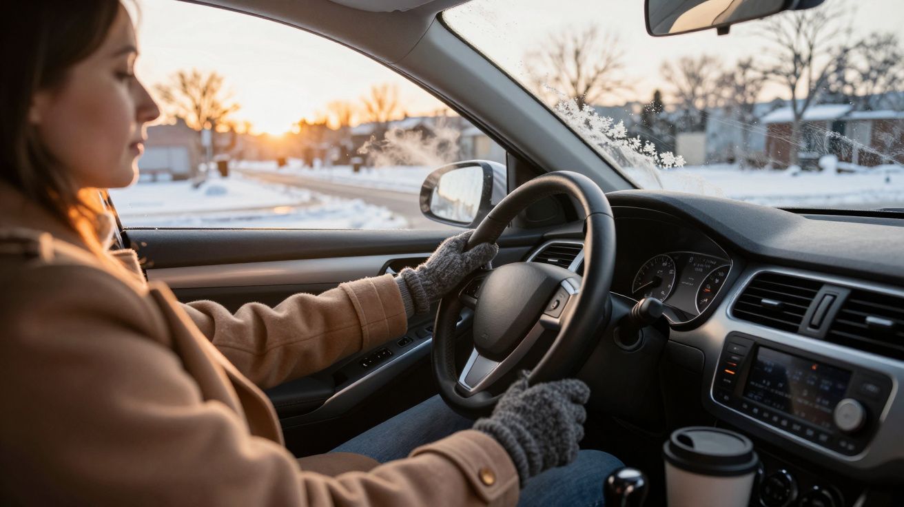 Mulher de casaco e luvas dirige carro no inverno ao pôr do sol, com gelo na janela.