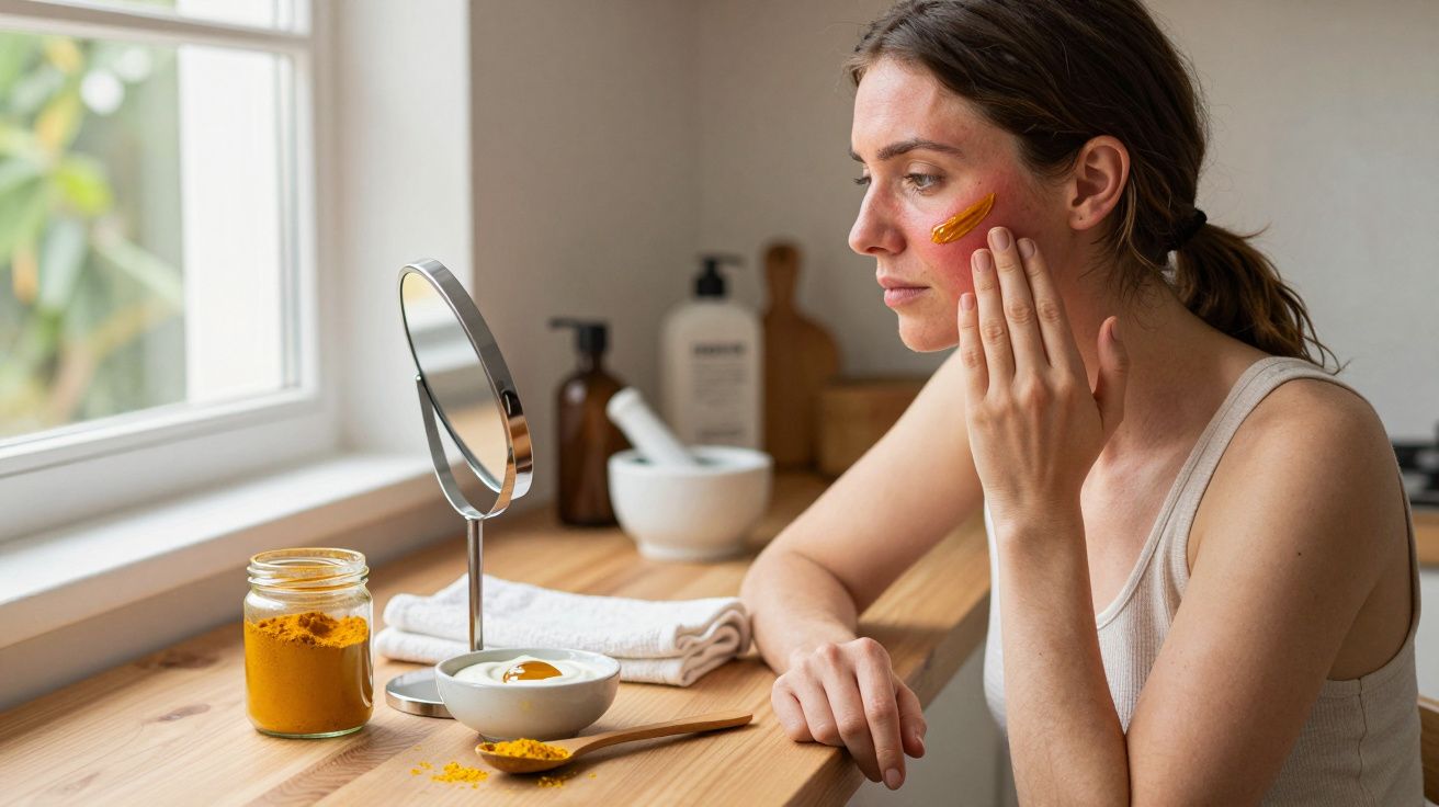 Mulher aplica máscara facial ao espelho numa cozinha iluminada, com frascos e toalha sobre a bancada.