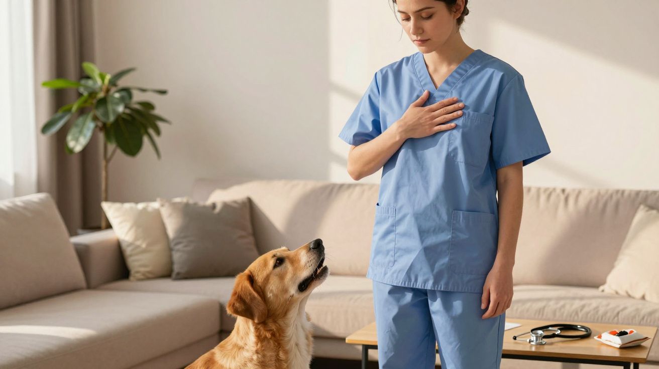 Veterinária de uniforme azul com a mão no peito interage com um cão castanho num consultório acolhedor.