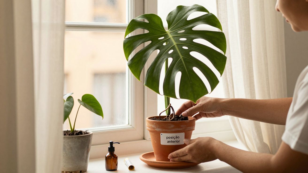 Pessoa ajusta vaso com planta Monstera junto à janela, com luz natural a entrar. Frascos pequenos ao lado.