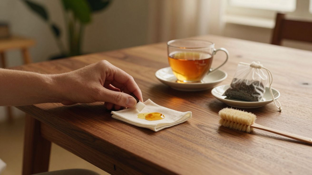 Mão pegando doce em guardanapo numa mesa com chá, pincel e saco de chá ao lado.