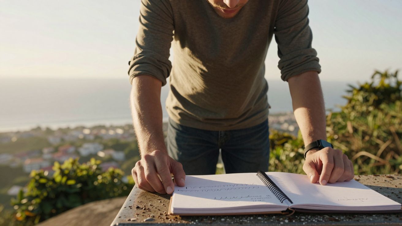Homem lendo um caderno espiral ao ar livre com vista panorâmica do mar e cidade ao fundo.
