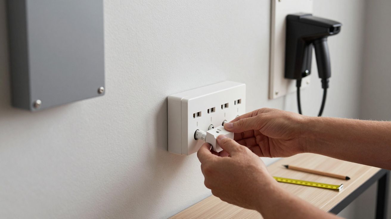 Mãos a conectar um dispositivo elétrico numa tomada de parede com múltiplas entradas.