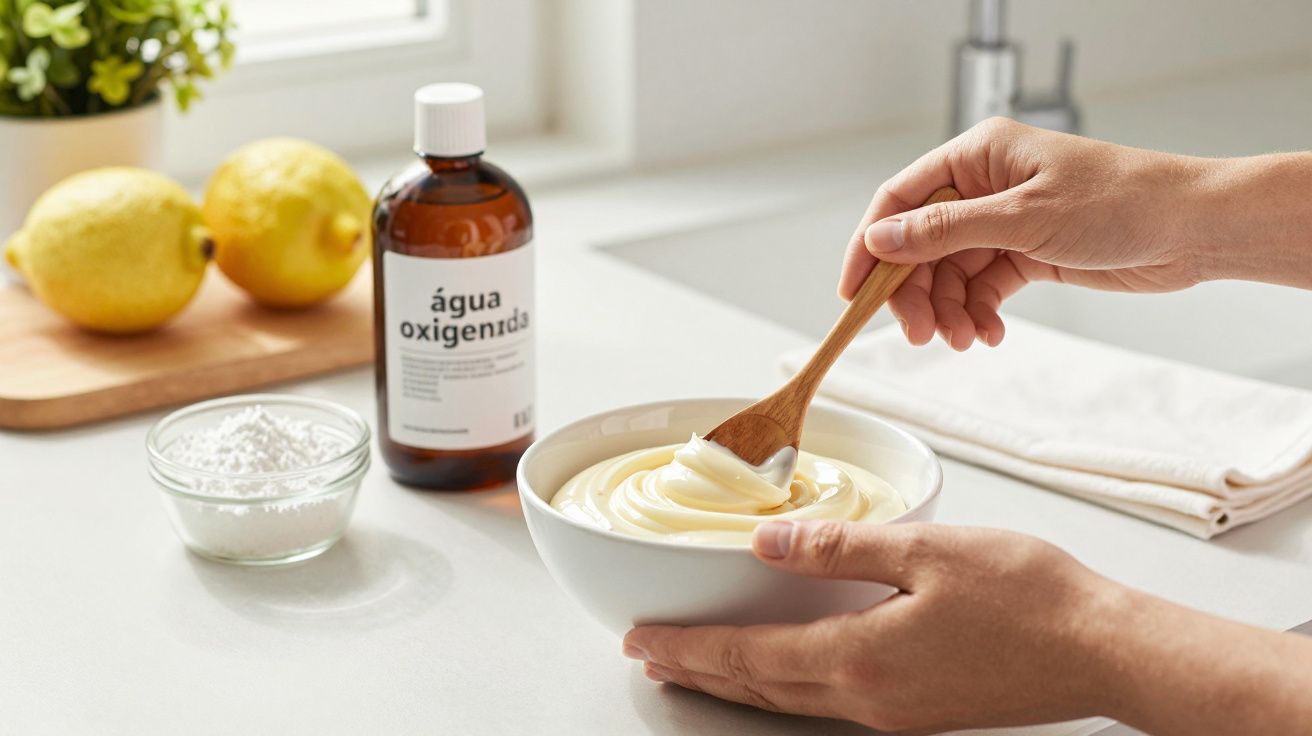 Mãos seguram uma tigela branca com creme, cercada por limões, água oxigenada e pó branco numa bancada de cozinha.