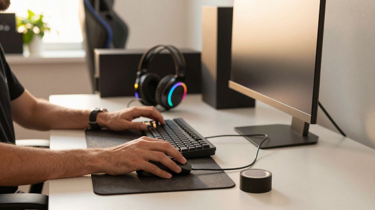 Pessoa a usar teclado e rato num espaço de escritório moderno com monitor, auscultadores e coluna inteligente.