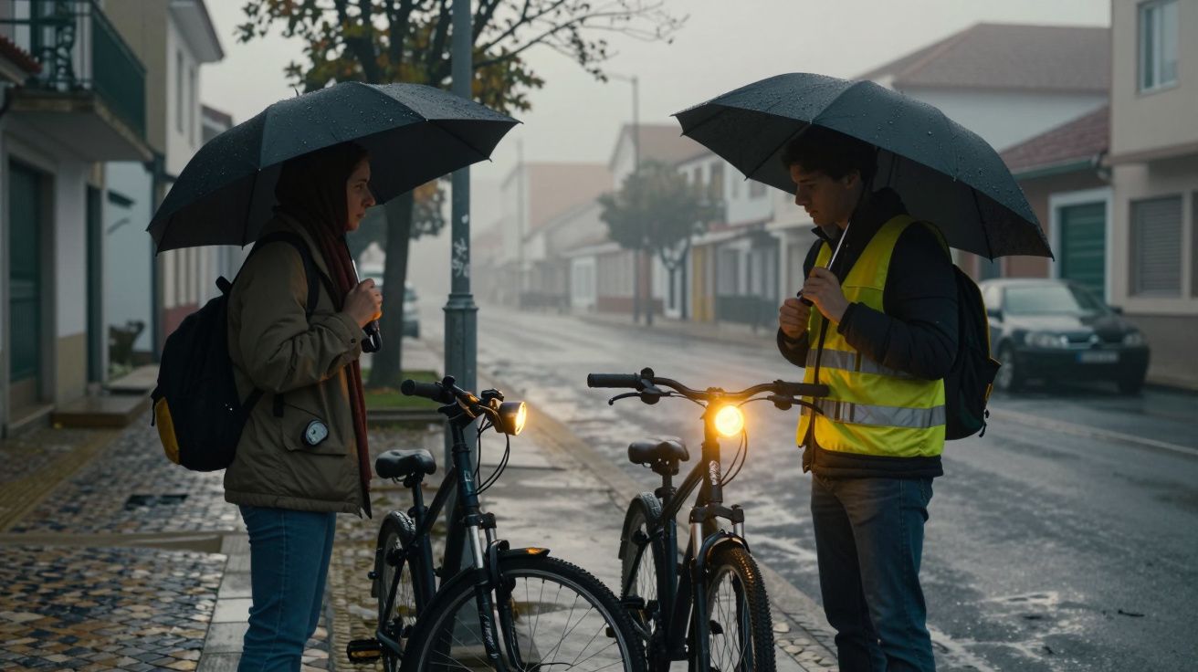 Duas pessoas com guarda-chuvas ao lado de bicicletas numa rua molhada. Uma usa colete refletor, ambas com mochilas.