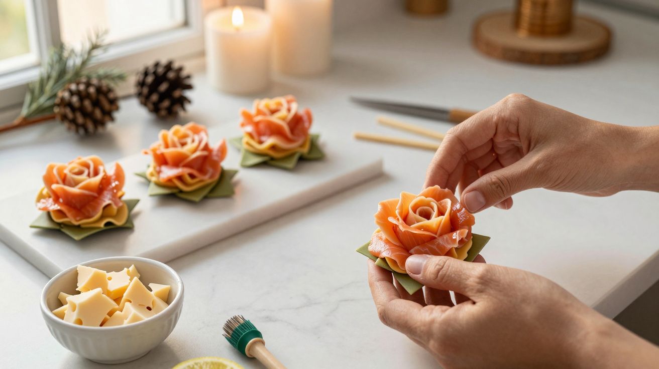 Mãos formando flores de presunto em folhas verdes, com velas e pinhas ao fundo numa cozinha bem iluminada.