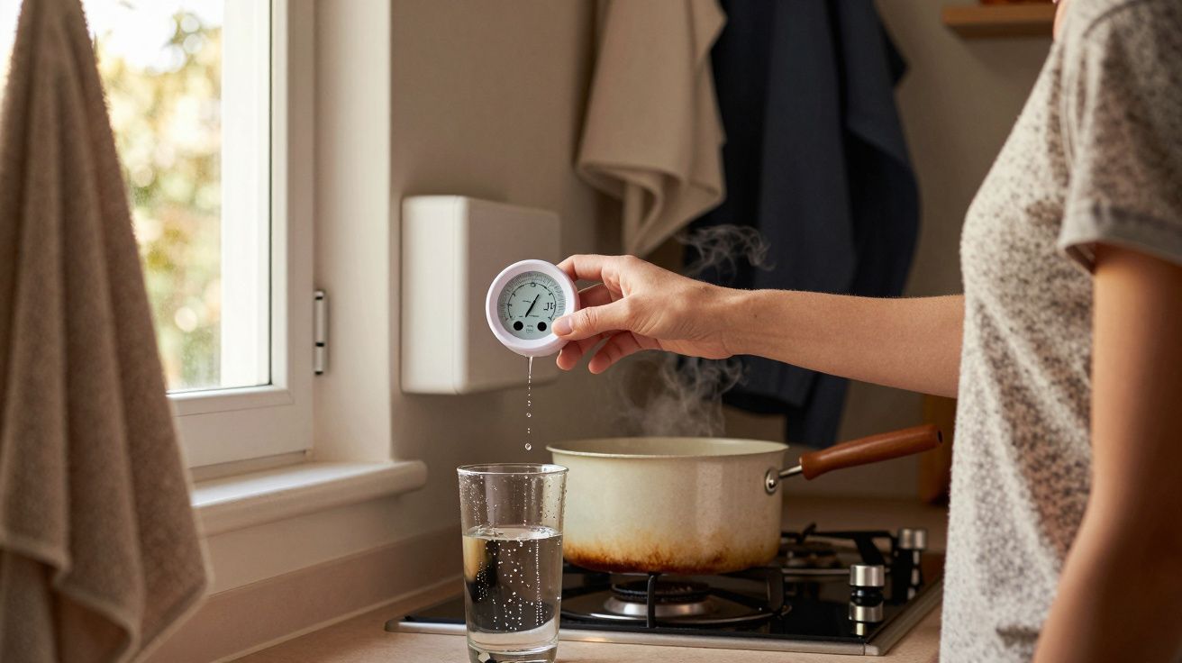 Pessoa mede temperatura de água num copo, próxima de um fogão com panela a ferver.