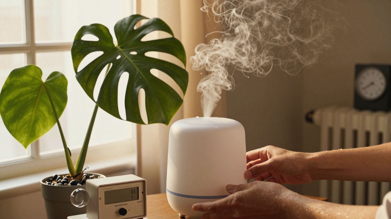 Mãos ajustam um difusor de aroma em funcionamento, ao lado de uma planta e um relógio digital numa mesa.