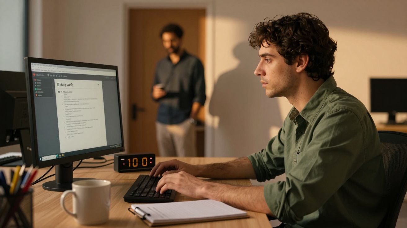 Homem a trabalhar no computador num escritório, com outro homem ao fundo. Relógio digital marca 10:00 na mesa.