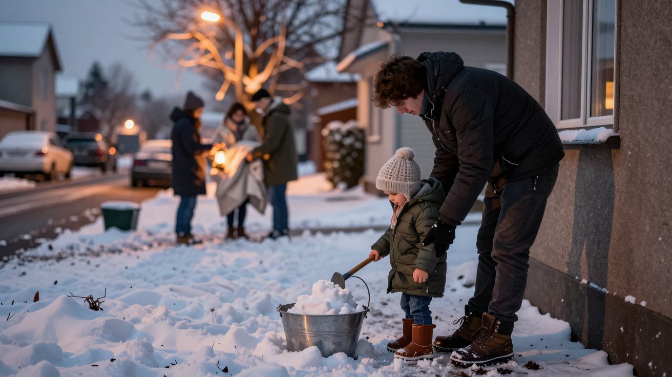 Pai e filho brincam com neve à noite. Ao fundo, pessoas conversam em roupas de inverno numa rua residencial iluminada.