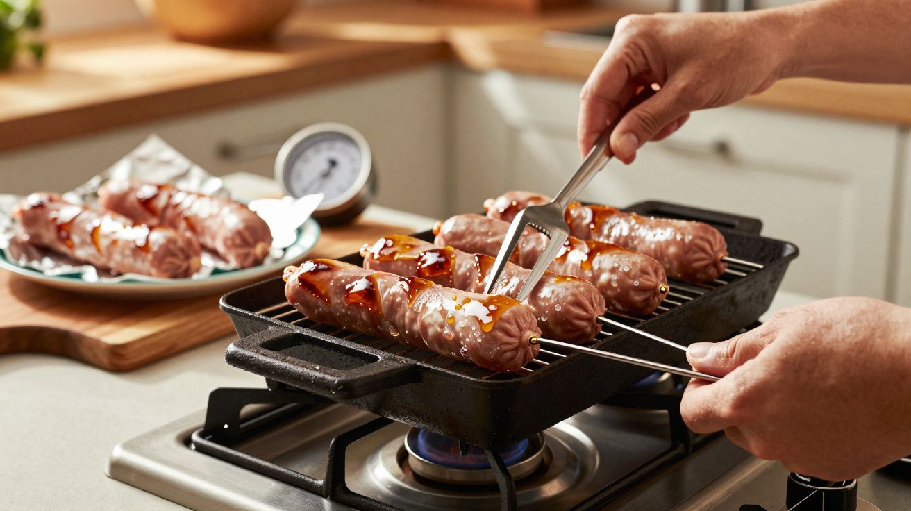 Pessoa grelha salsichas em espetos sobre um fogão a gás numa cozinha, com prato adicional ao fundo.