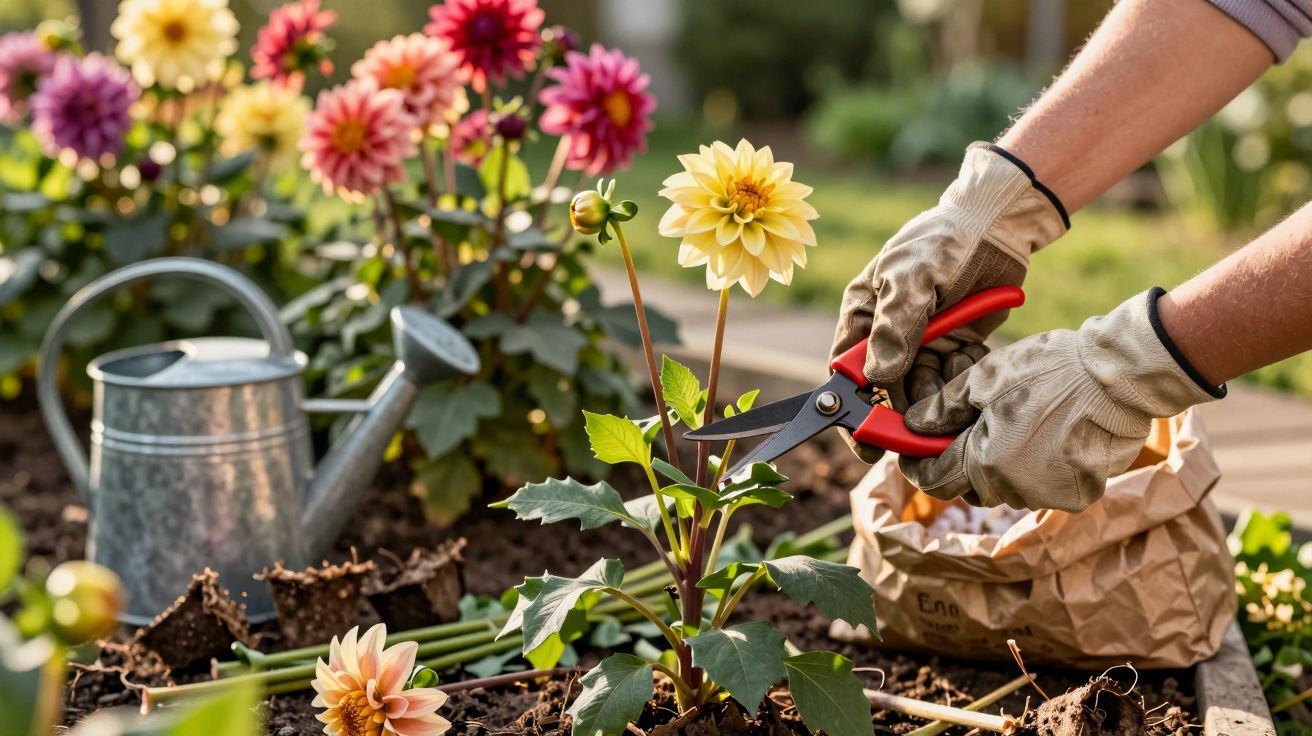 Pessoa com luvas de jardinagem podando dália amarela em canteiro, próximo a regador e saco de papel.
