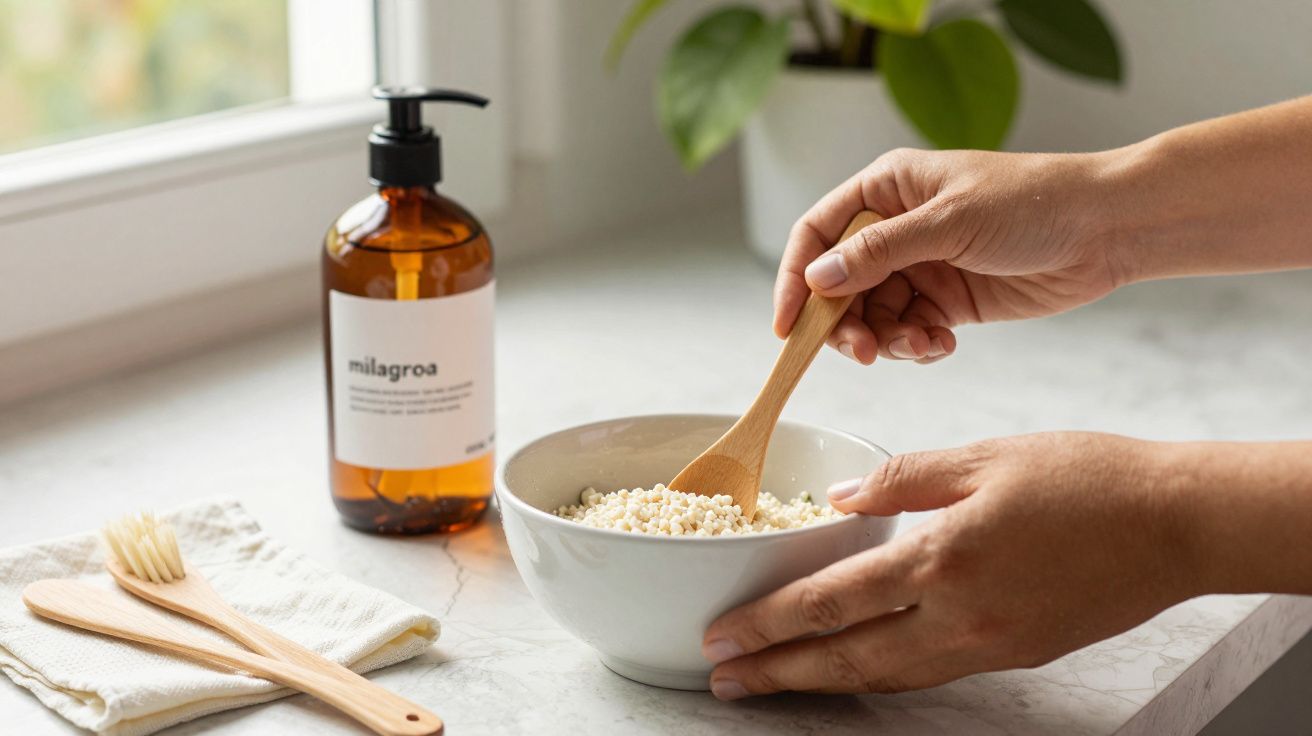 Mãos seguram uma tigela de arroz com uma colher de madeira, ao lado de garrafa âmbar e talheres de madeira sobre guardanapo.