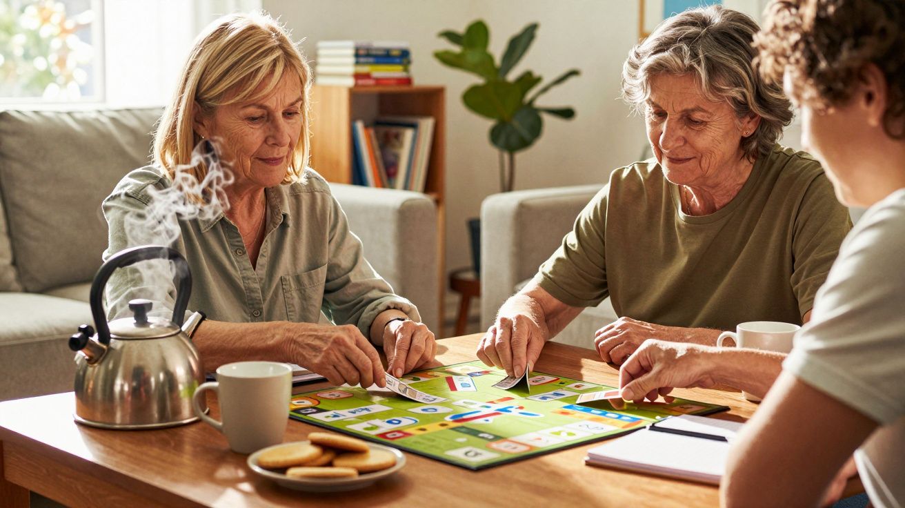 Três pessoas jogam um jogo de tabuleiro numa sala, com uma chaleira e bolachas sobre a mesa.