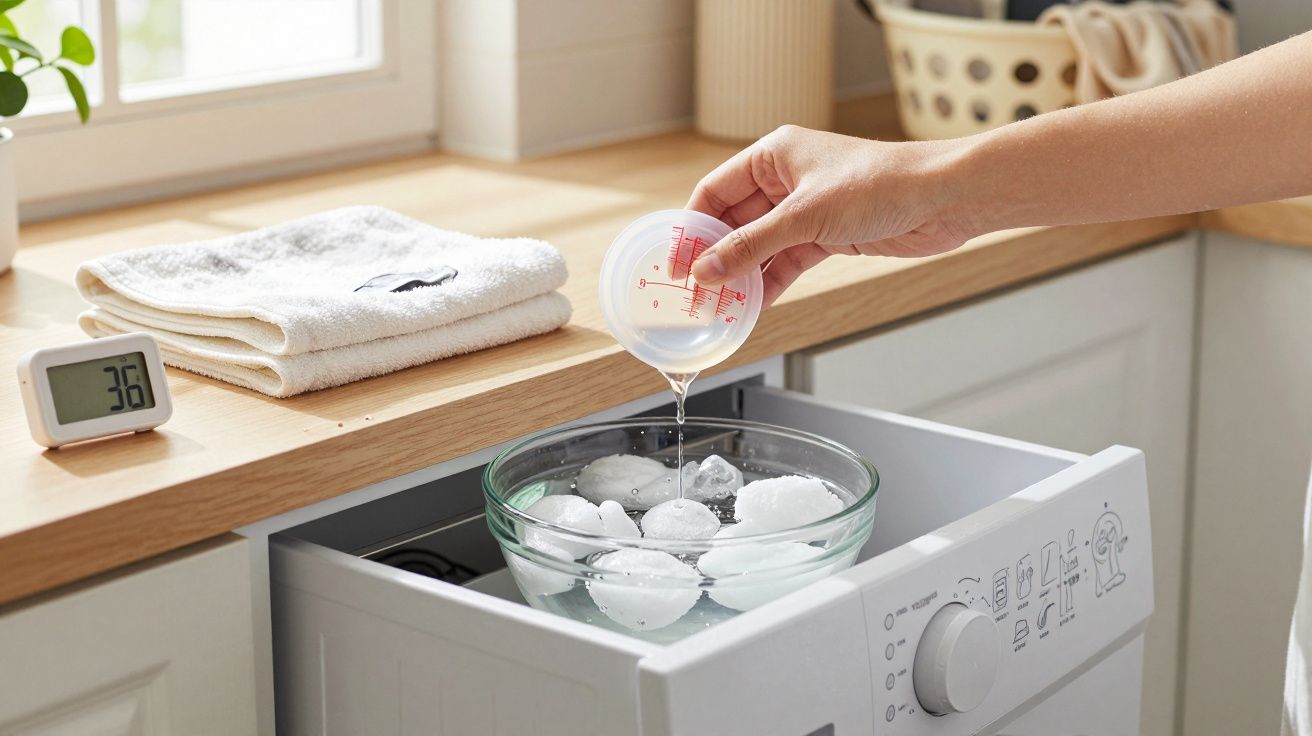 Pessoa a verter água sobre gelo numa tigela em cima de uma máquina de lavar, com toalha e termómetro ao lado.