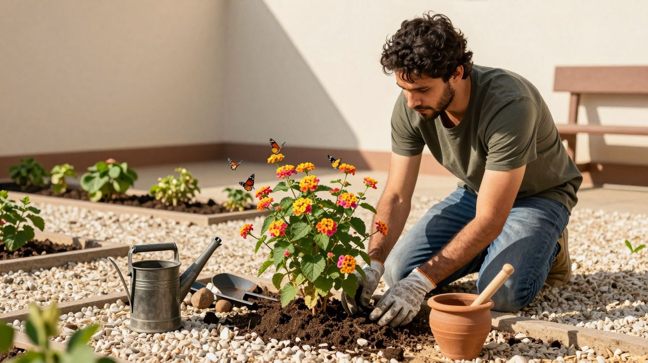 Homem a plantar flores num jardim com chão de gravilha, cercado por ferramentas e um regador.