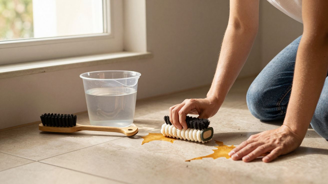 Pessoa a limpar líquido derramado no chão com uma escova, perto de um balde com água e outra escova.