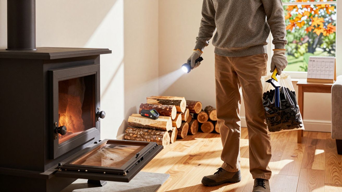 Pessoa acende fogão a lenha com lanterna numa sala, segurando um saco de carvão; pilhas de lenha ao fundo.