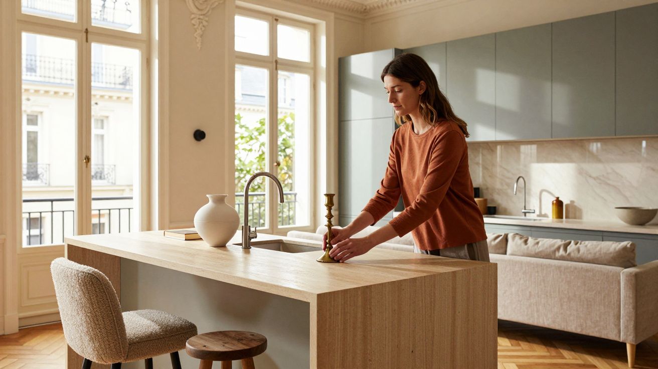 Mulher arruma a bancada numa cozinha moderna com luz natural, jarras e candeeiro sobre a mesa.