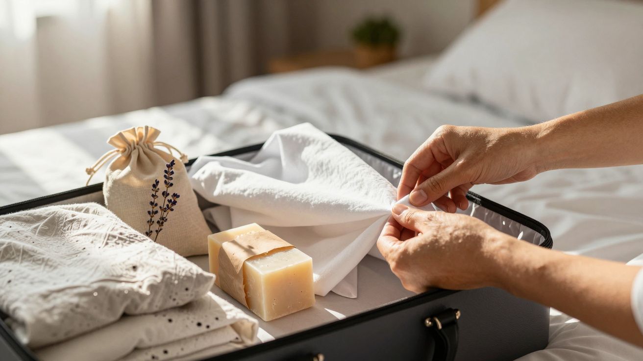 Mãos a arrumar uma mala com toalhas brancas, sabonete e saco de tecido em cama iluminada pela luz da manhã.
