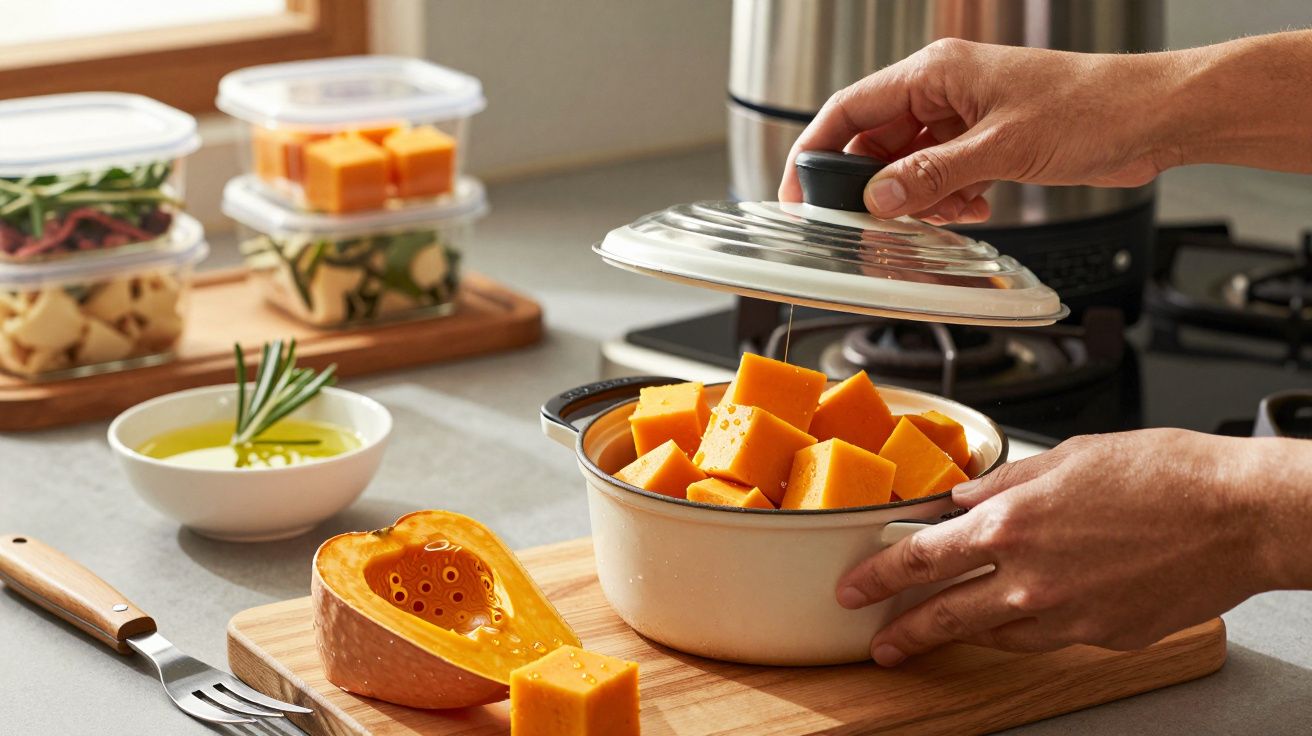 Mãos cobrem panela com abóbora em cubos; fundo com ingredientes e tupperwares em cozinha.