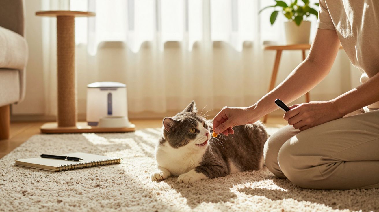 Pessoa a dar um snack a um gato deitado numa carpete clara, com bloco de notas e brinquedo de arranhar ao fundo.
