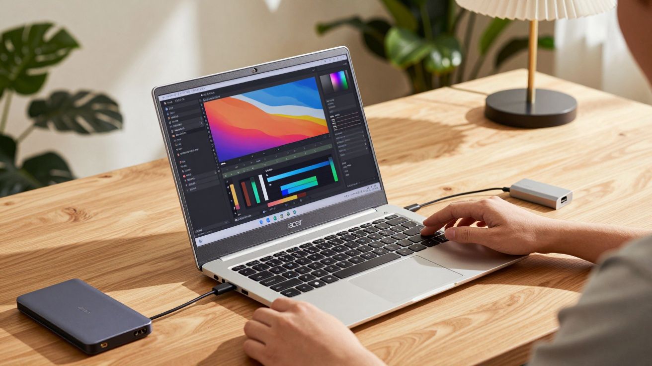 Pessoa a usar laptop Acer em mesa de madeira com editor gráfico aberto no ecrã, luz natural e plantas.