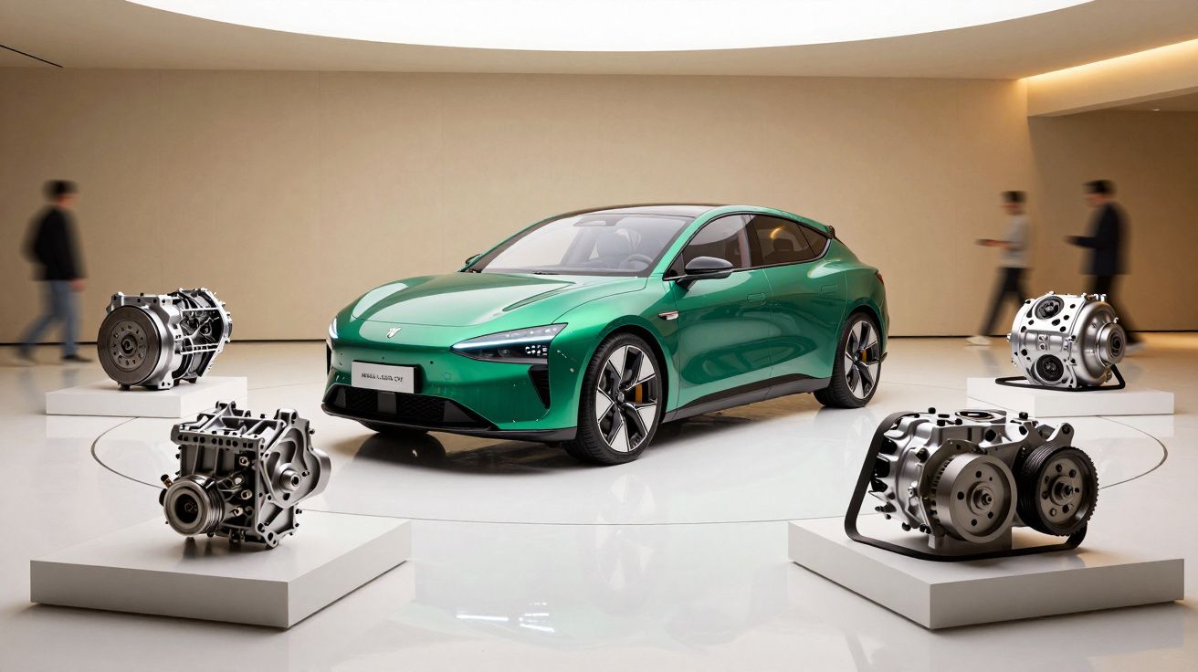 Carro verde em exposição numa sala, rodeado por quatro motores em pedestais brancos, com pessoas ao fundo.