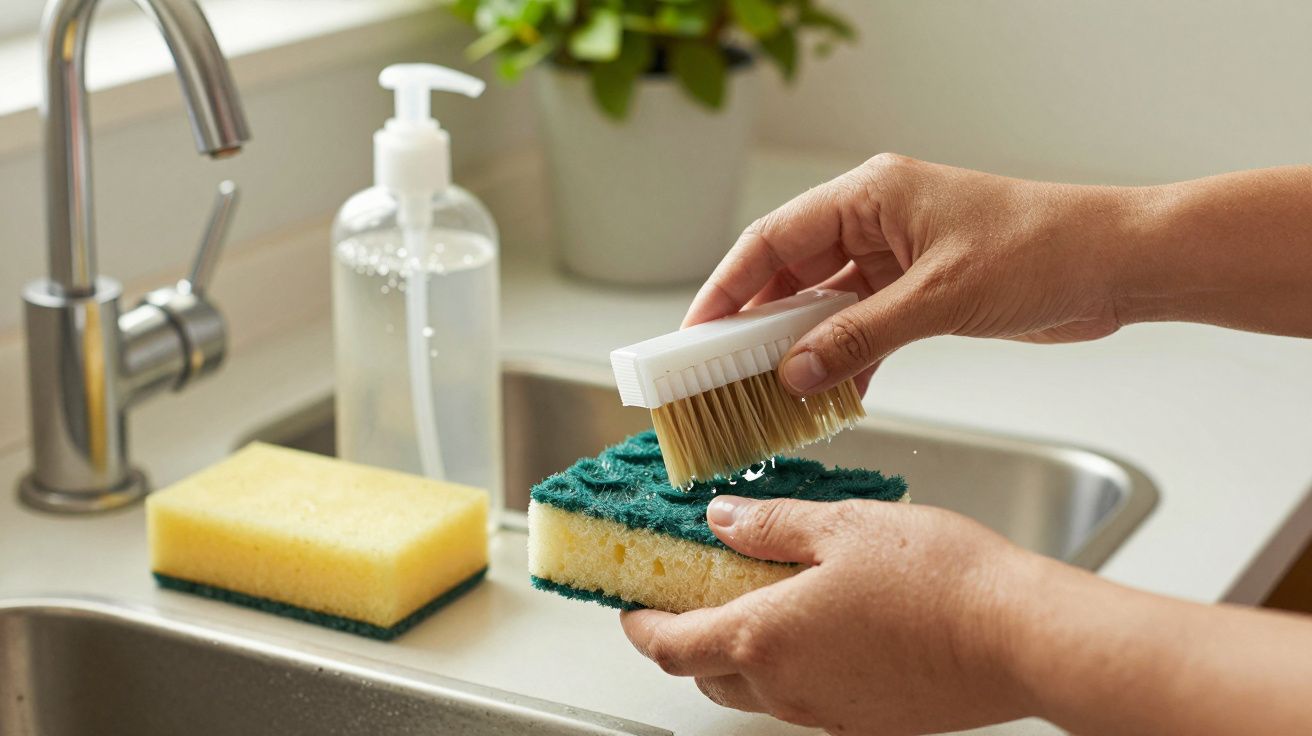Mãos a lavar uma esponja amarela com uma escova, junto a uma torneira e um dispensador de sabão na bancada.