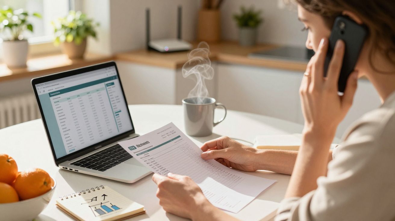 Mulher ao telefone analisa documento enquanto usa portátil numa mesa com chávena de café fumegante e bloco de notas.