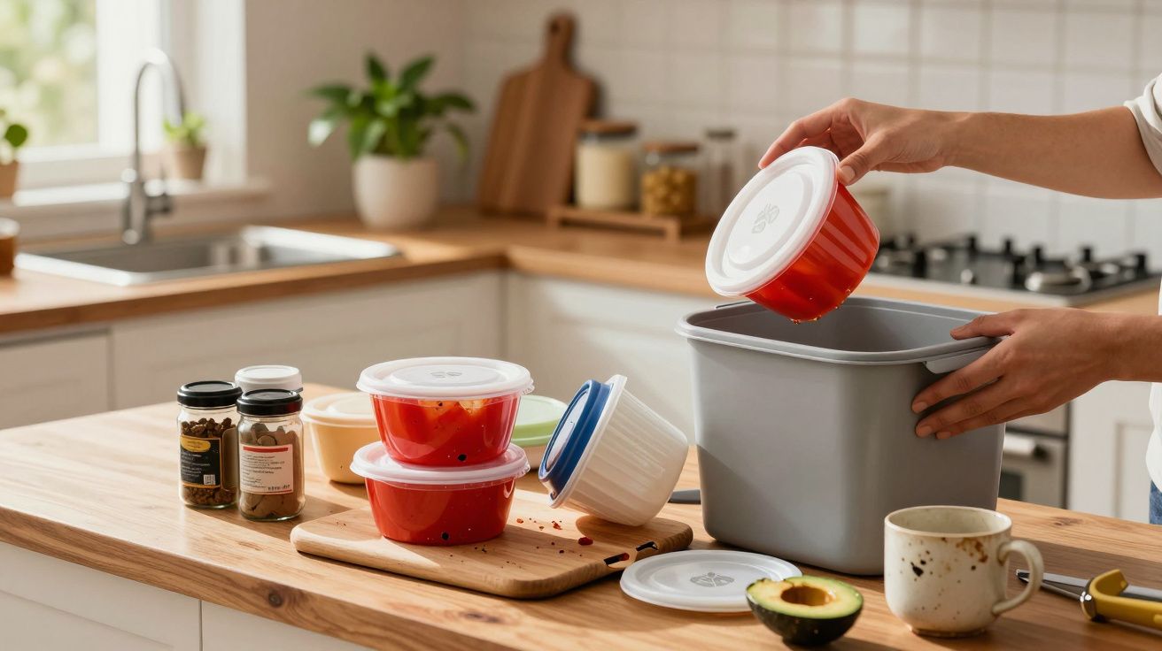 Pessoa organiza caixas de plástico na cozinha, rodeada de especiarias e metade de um abacate sobre a bancada.