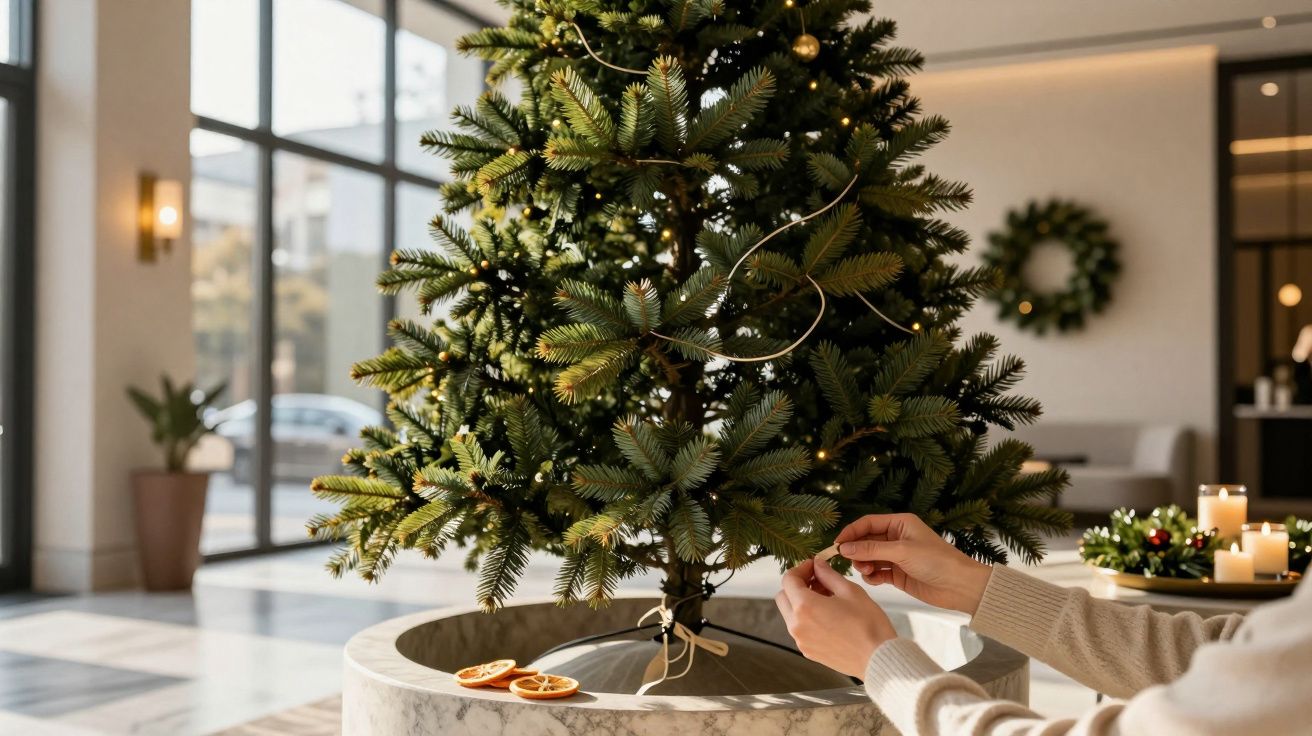 Pessoa a decorar árvore de Natal numa sala iluminada, com velas e laranjas secas na base.