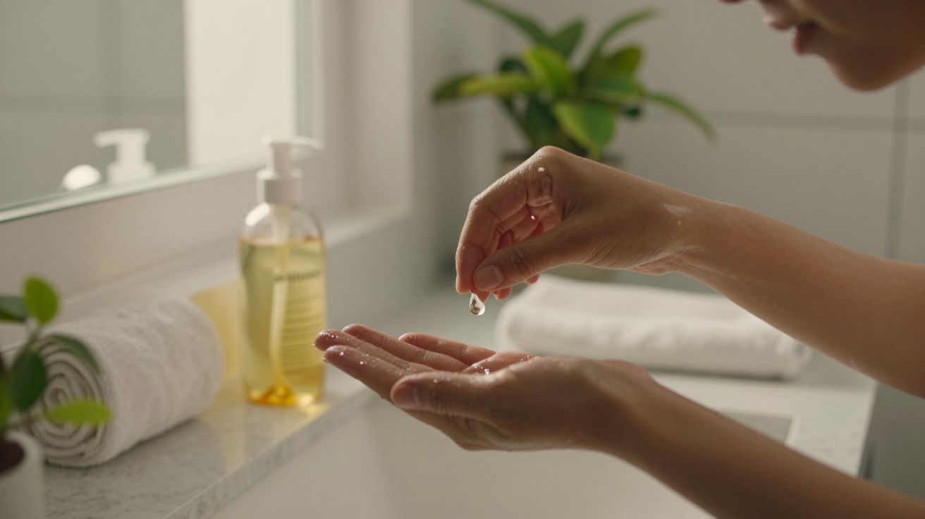 Mãos aplicam creme numa casa de banho, rodeadas de toalhas e planta ao fundo.