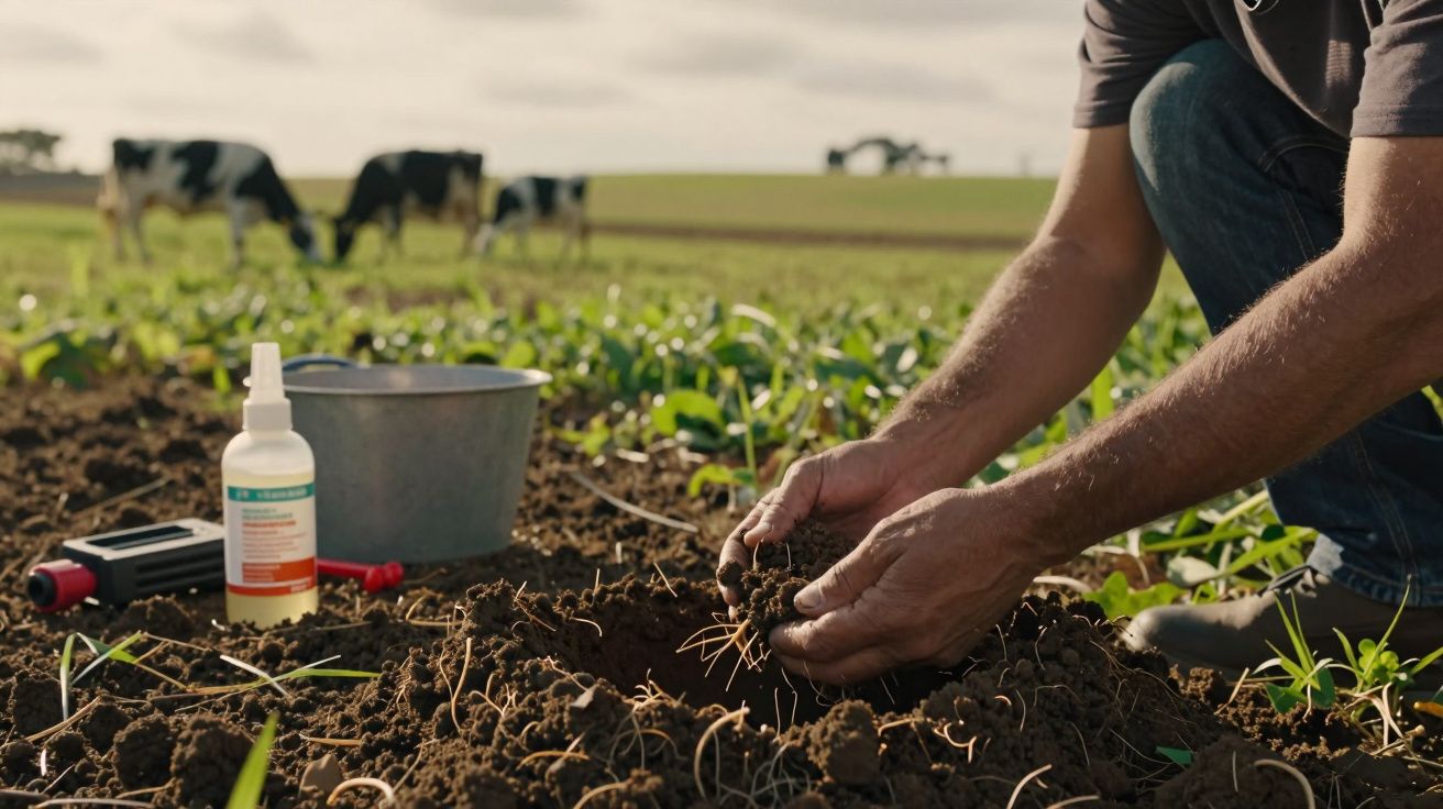 Pessoa analisando solo em campo com vacas ao fundo.