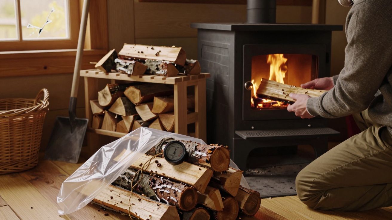 Homem a acender lareira com lenha em casa de madeira, cesto e pilha de madeira ao fundo.