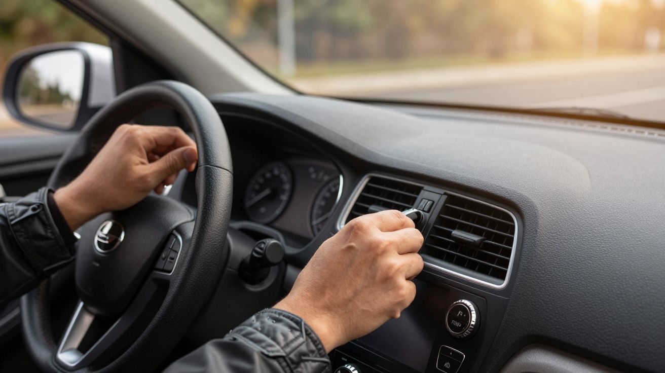 Pessoa ajusta o controlo do ar condicionado num carro em movimento. Volante e painel de instrumentos visíveis.