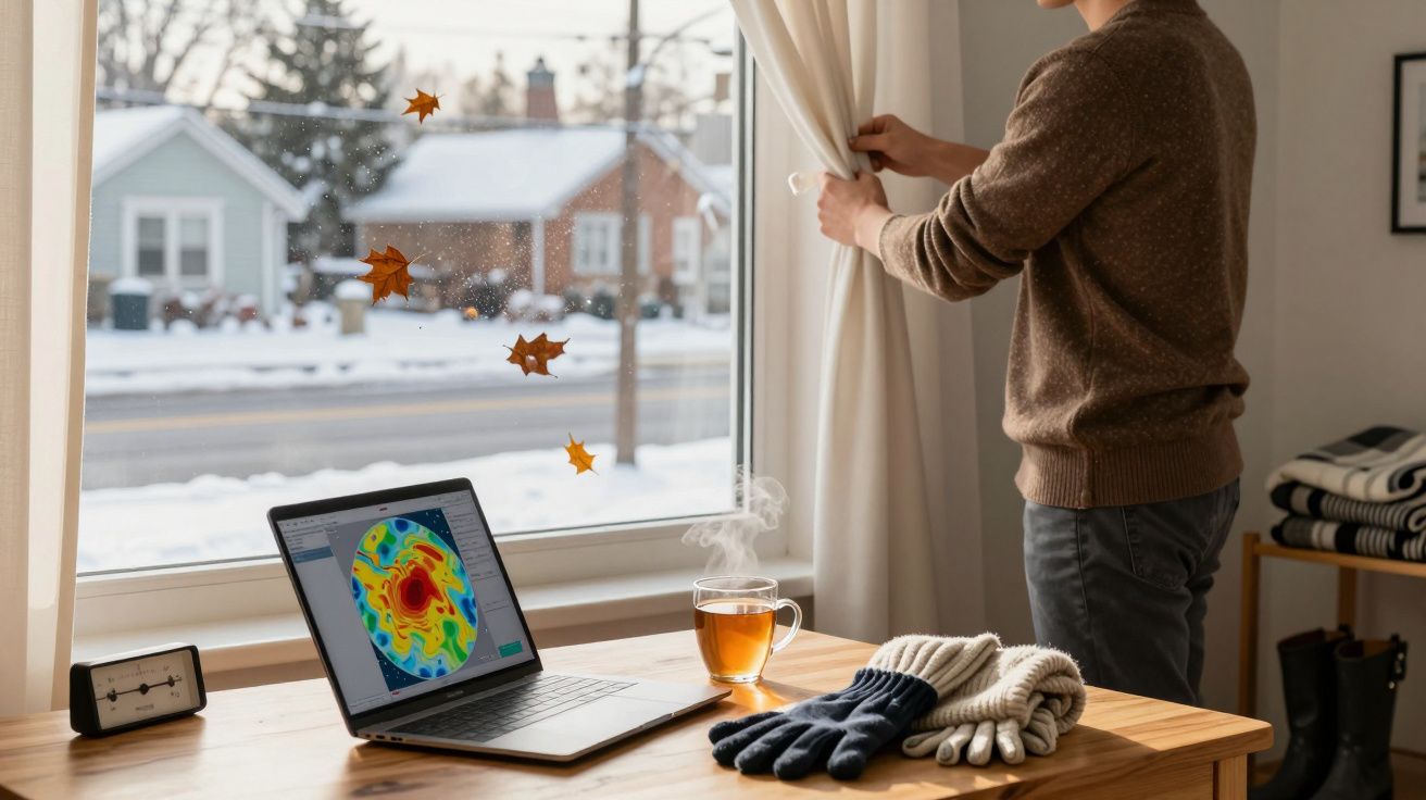 Homem fechando cortina no inverno. Mesa com portátil, chá fumegante e luvas. Neve e folhas do lado de fora da janela.