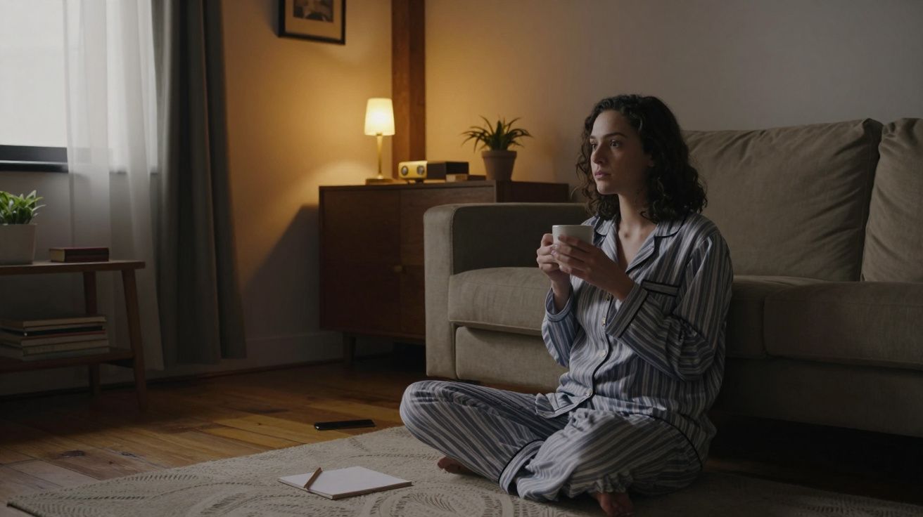 Mulher sentada no chão da sala, de pijama, segurando uma caneca, com caderno e luminária ao fundo.